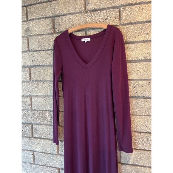 Michael Stars Ribbed Long Sleeve Maxi Dress In Plum V-Neck Soft Stretch Knit Tim - Picture 2 of 6